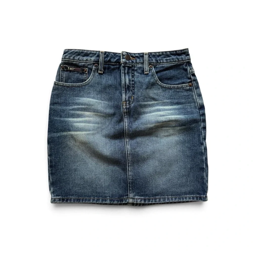 Lei Womens Medium Wash Denim Mini Skirt Y2K McBling Size 3 Pencil Skirt